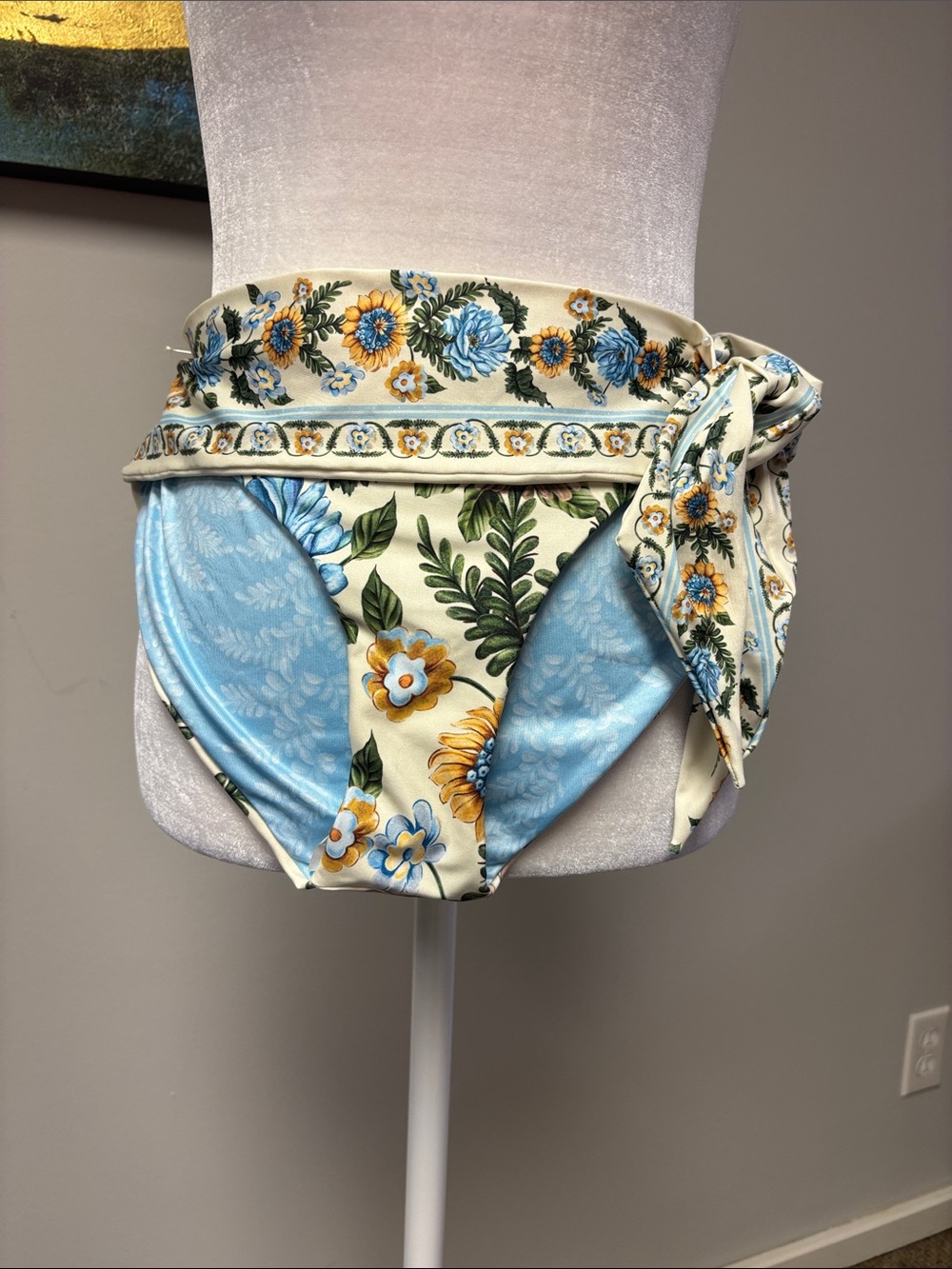 Floral High-Waist Bikini Bottoms in Cream and Blue
